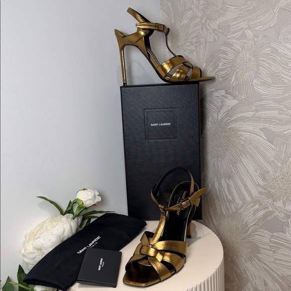 Saint Laurent Metallic Gold Strappy Heels - Picture 1 of 5